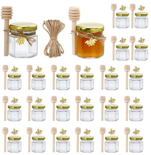 Wefenad Lot de 24 mini bocaux à miel hexagonaux en verre avec couvercles (doré), bâtonnets de miel en bois, pendentifs en forme d'abeille, ficelle de jute pour miel, cadeaux de mariage, confitures