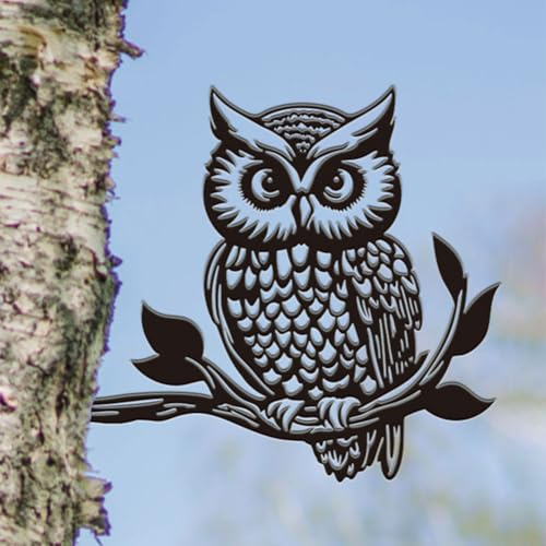 SUPERDANT Metall Eule Auf Einem AST Gartendekoration Vogeltiere Gartenornament Für Draußen Schwarze Silhouette Außendekoration Hofpfähle Dekorative Metallwandkunst Für Rasen Terrasse Gärtner Geschenk
