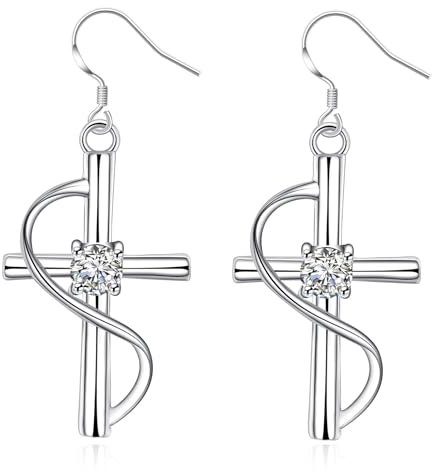 AMDXD Orecchini a perno in oro bianco 585, a forma di croce con moissanite, 14 carati, stile Liberty, vero oro
