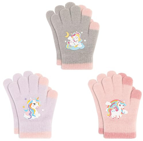 QKURT 3 paia di guanti caldi in maglia per bambini, morbidi guanti termici elasticizzati invernali, Muffole a dita intere con motivo a unicorno per bambini e bambine da 1 a 5 anni
