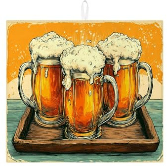 Beer Mug Dish Drying Mats For Kitchen Counter, Vintage Retro Absorbent Dish Drainer Rack Mat, Fun Microfiber Drying Pad For Kitchen Counter Bar Protector 16x18 Inch