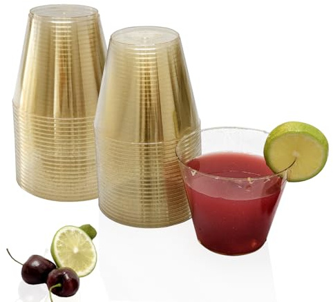 KINGSUSLAY 9 oz 50 PCS Gold Glitter Disposble Cups, Reusable Glitter Plastic Cups, Elegant Plastic Cocktail Glasses, Hard Tumblers Clear Party Cup for Weddings Thanksgiving, Christmas,etc.