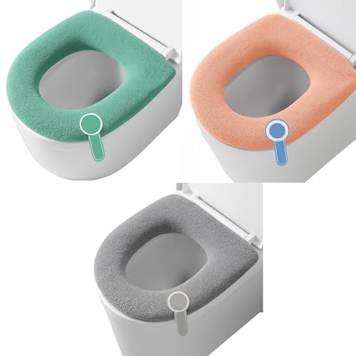 KxrTpx Toilet Seat Covers Washable, 3 Piece Set with Padded Toilet Seat for Adults, Includes Pink, Green and Grey Toilet Lid Covers, 30 Cm Universal Size for Home, Travel and Hotels