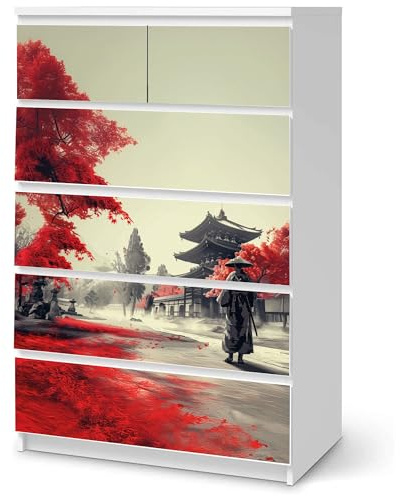Möbelfolie Red Samurai passend für Ikea Malm Kommode 6 Schubladen Deko | Selbstklebende Schrankfolie für glatte Schubladenfronten Klebefolie Kinderzimmer Schlafzimmer DIY Upcycling 6 Schubladen