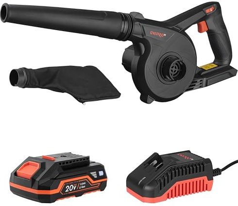 Dnipro‑M Souffleur de feuilles à batterie DVB‑200 avec batterie 2 Ah BP‑220 et chargeur rapide FC‑230 - Kit sans fil puissant 20 V pour jardin, patio et extérieur