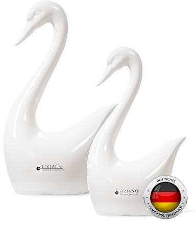 Tiziano® Keramik Schwan Figuren Set Creme-weiß (13+16cm) - Elegante Deko Skulpturen für modernes Zuhause & Büro - Zeitlose Geschenkidee - Stilvolle Dekoration - Deutsches Familienunternehmen