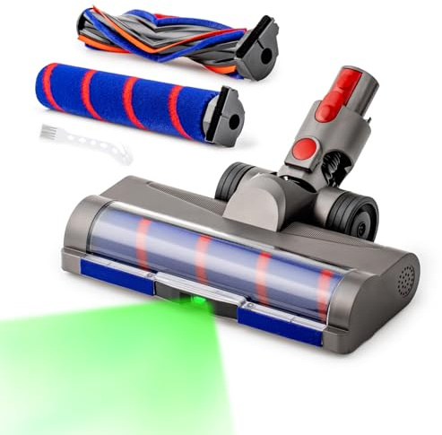 Replacement Motorized Head for Dyson V15 V11 V10 V8 V7, Hidden Dust Detection Green LED Attachment with 2-in-1 Dual Roller, 60% Effortless Glide for Carpet & Hard Floor, Stable Self-Standing Design