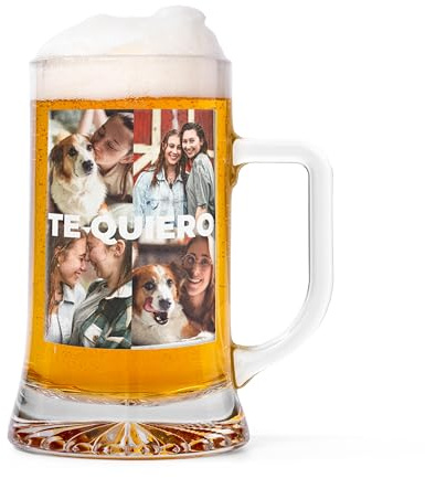 Made in Gift Jarra de Cerveza Personalizada con 4 Fotos y Texto – Jarra de Cristal Personalizada para Mamá, Papá o Pareja – Regalo Original para Cumpleaños, Día del Padre y Día de la Madre