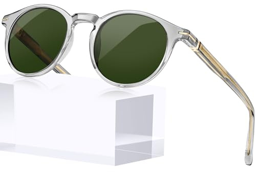KANASTAL Gafas de Sol Verde Polarizadas Mujer Hombre Redondas Acetato Pequeña Vintage Retro Protección UV400 para Conducir – Montura Gris Lentes Verde Oscuro