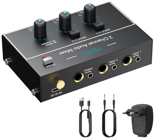 Mini mixer audio, mixer stereo a 2 canali da 1/4 e 1/8 TSR jack di ingresso uscita audio, mixer di linea stereo/mono controllo indipendente e interruttore per chitarre, basso, tastiere, microfono