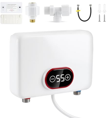 Mini Durchlauferhitzer 5500W 220V, Max.55℃ Instant Elektrische Durchlauferhitzer Klein mit LED-Display IPX4, Kompakt 23x16x5 cm Untertischboiler für Küche Garten