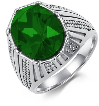 Mesnt Bague Homme Acier, Homme Bague Sceau de 20MM avec Pierre de Verre Verte Ovale, Argent, Taille 69