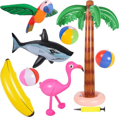 JONRRYIN Aufblasbare Palmen Spielzeug Set, 9 Stücke Aufblasbares Palmen Flamingo Baum Strand Spielzeug, Fliegen Papagei Delphin Bananen Strand Bälle für Sommer Schwimmbad Hawaii Deko Themenparty