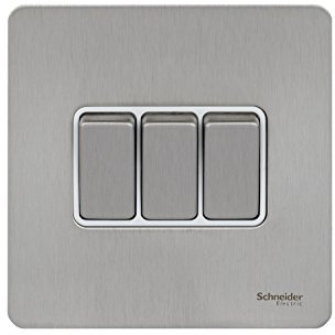 Schneider Electric Ultimate Triple 2-Way 10ax Plate Switch Screwless Stainless Steel Flat Plate - White Insert