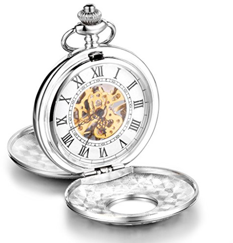 Unendlich U Montre de Poche mécanique, Montre de Poche Chiffres Rétro Creux Squelette en Acier, Montre Pendentif pour Homme Femme, avec Deux chaînes, Cadeau de Noël et Anniversaire