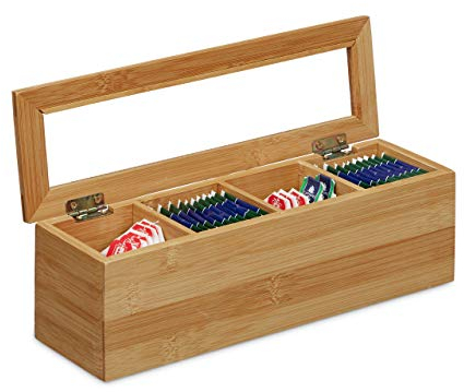 Relaxdays Scatola Porta tè, Tisante, in Legno bambù, 4 Scomparti, Coperchio Trasparente, Salva Aroma, Colore Naturale