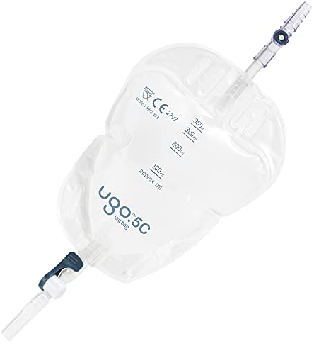 Ugo Sacche Gamba per Urina (x10) – Borsa per il drenaggio delle urine/per catetere, design naturale ergonomico (Pacchetto da 10) (Ugo 5C - 350ml, Ingresso Diretto, Rubinetto A Leva)