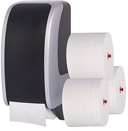 Cosmos Toilettenpapierspender Doppelrollen Set - 1 Spender für Cosmos Toilettenpapierrollen + 2.880m Toilettenpapier- 3 lagig - Ultra ERGIEBIG wie 208 übliche Rollen - Wandmontage, Silber/Schwarz