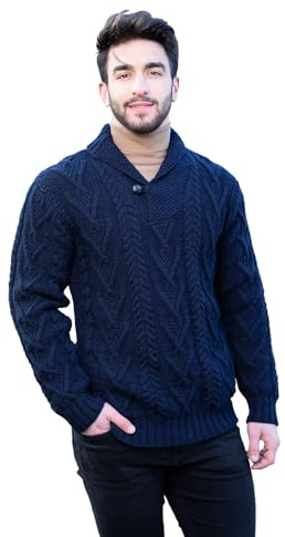 SAOL 100 % merinoull herrsjal krage en knapp tröja, i naturlig/kol/armégrön/marinblå
