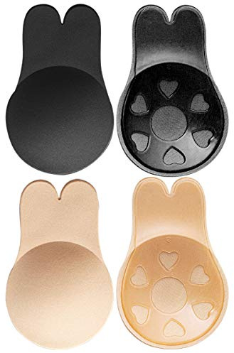 MELLIEX 2 Pares Pezoneras de Invisibles Reutilizables, Cubierta de Pezón Push up Sujetador Etiqueta de Adhesiva de Ajustable para Mujer, Desnudo y Negro