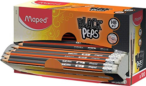 Maped – Packung mit 100 Bleistiften Graphit mit Radiergummi Black'Peps, Härtegrad HB