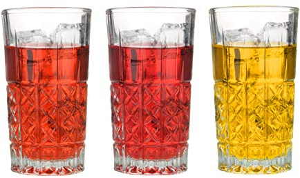 Toyo Nasic Highball Glasses Cocktail Water Crystal Cut Look Hi-Ball Tumblers Set of 3 280ml Mixed Cocktail Water Juice Drinking Glasses Dishwasher Safe, Home Party Bar Restaurant, Pack of 3