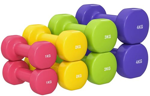 HOMCOM Juego de 8 Mancuernas Hexagonales 20 KG de 4 Pares 4 kg 3 kg 2 kg 1 kg Mancuernas de Neopreno con Revestimiento Antideslizantes Pesas para Gimnasio en Casa Ejercicio Entrenamiento Multicolor