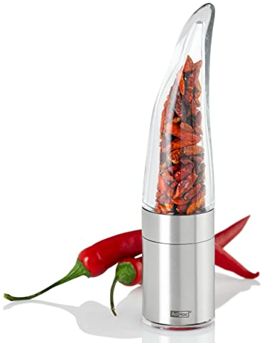 AdHoc Chilimühle Pepe mit Chili Schoten Füllung | Chilischneider mit original SchneidWerk | Gewürzschneider in edler Geschenk Verpackung | Edelstahl gebürstet