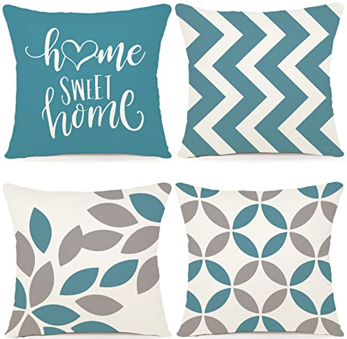 ZWJD Kissenbezug 45x45 4er Set Outdoor Kissen Dekokissen Leinen Kissenhülle Kissenbezüge Geometrische Muster Kissenhüllen für Sofa Wohnzimmer Zierkissen 45 x 45 cm-A023