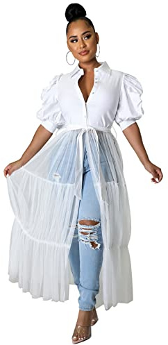 Ekaliy Women's Short Sleeve Round Neck High Low Asymmetrical Irregular Hem Casual Tops Blouse Shirt Dress L White
