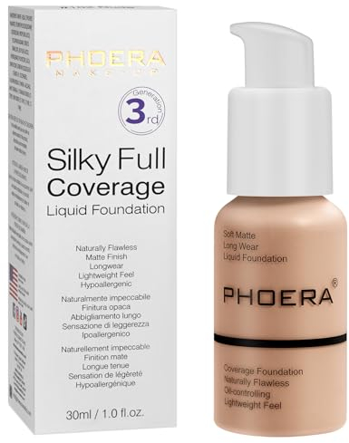 PHOERA Fond de Teint,PHOERA Foundation,imperméable Professional Makeup Fond de Teint Liquide Couvrant Tenue 24h - Matte & Poreless Finish (103- Warm peach)