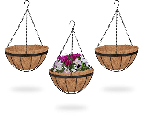Relaxdays Blumenampel, 3 Körbe, HxD: 50x31 cm, Hängepflanzen, innen & außen, Kokoseinlage, Metallgestell, braun/schwarz