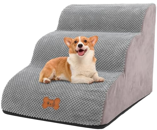 Dog Stairs for Bed and Sofa 3 Steps High Density Non-Slip Foam Pet Steps Portable Pet Ramp Ladder for Small Dogs Cats with Removable and Washable Plush Cover for Older Dogs/Cats with Joint Pain