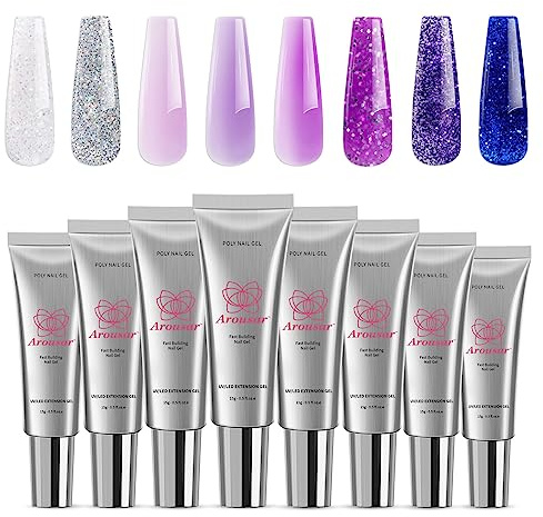 Arousar Poly Nagelverlängerungsgel Set, 8 Farben Weiß Grün Blau Gelnägel Starterse Gel Nägel Selber Set für Anfänger Profis, French Maniküre Verlängerungs Nagelgel DIY-Design Nagelkunst-Salon zu Hause