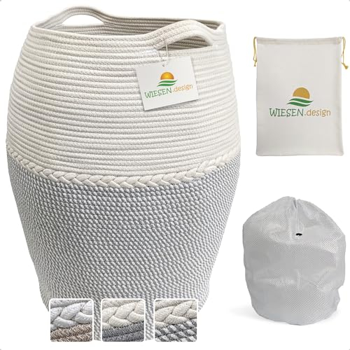 WIESEN.design Korb Jamila Ø46/39xH65 cm Hellgrau/Weiß/105 L, Aufbewahrungskorb geflochten aus Baumwolle, Aufbewahrung Kinderzimmer Badezimmer, Korb geflochten, Faltbarer Wäschekorb, Wäschesammler