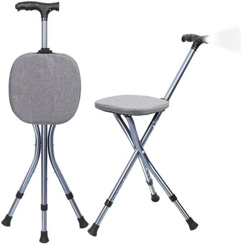 Folding Cane with Seat, Adjustable Walking Stick for Seniors, Lightweight Walking Cane with LED Light,Height Adjustment Cane Seat, Chair,Sturdy Crutches Stool, Supports up to 250 lbs