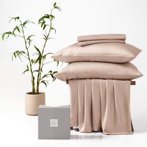 CUBE HOME - Luxury Bedding 4 Pcs Set (260x220cm Duvet Cover + 75x50cm Pillowcases + Deep Pocket Fitted Sheet) 100% Natural Bamboo Soft Cooling Anti-Allergy Anti-Bacterial Super King Bed Camel