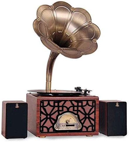 Vinyl Player Vintage, With Cassette Big Retro Classic Phonograph Shape Stereo Speaker Sound System Music Box 3.5mm Audio Tooth Speaker Gramophone