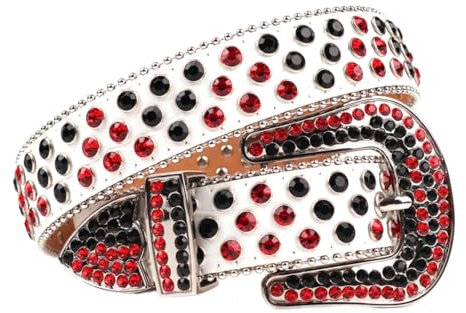 Damen-Strass-Gürtel, rund, Strass-Gürtel, Nietengürtel, Jeans, Gothic-Stil, Gürtel, rot / weiß, 48