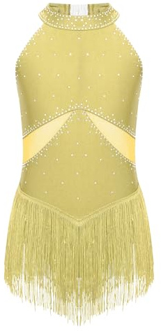 Manyakai Vestido de Baile Latino Salsa para Niña con Flecos Maillot de Patinaje Artístico sin Manga con Pedrería Brillante Disfraz de Bailarina 5-16 Años Amarillo 5-6 años
