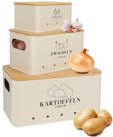 Mozvvco Kartoffel Aufbewahrungsbox 3er Set, Kartoffel Aufbewahrung Vintage Mit Bambusdeckel, Aufbewahrung Kartoffeln Zwiebeln Knoblauch, Zwiebeltopf Kartoffelbox Knoblauchtopf, Beige