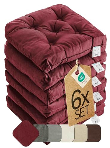 etérea Sitzkissen 42x42 cm 6er Set - Bordeaux 8 cm hoch - Bodenkissen für Indoor, Outdoor, Küche, Garten, Auflage - Heidi Stuhlauflage - 6 Stück Stuhlkissen 40x40 cm Bordeaux