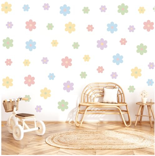 Wally Fox - Wandtattoo Kinderzimmer - Kinderzimmer Deko - Wandtattoo Kinderzimmer Mädchen - Wanddeko - Gänseblümchen - Pastellfarben, Blau, Rosa, Gelb, Violett, Grün - 48 Stück