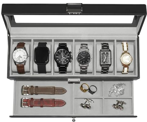 GLOBAL KA Watch Box for Men 6 Slot,Double Layer Mens Watch Case Display Organizer with Real Glass Top,Large Holder for 50mm Watches,PU Leather Jewelry Drawer Storage Valet Tray for Men,Black