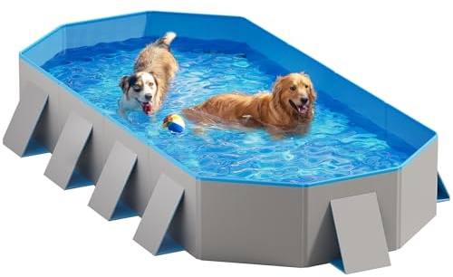 Peteast Foldable Dog Pool with Sturdy Square Design, Durable 82 Lx46 Wx12 D Extra Large Portable Pet Bathtub with Reinforced Sidewalls for Stability, Ideal for Indoor & Outdoor Use (Blue&Gray)