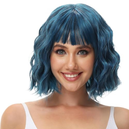 PORSMEER Bob - Pelucas onduladas cortas de 25,4 cm con flequillo azul degradado para mujer, peluca Bob ondulada sintética de aspecto natural de fibra resistente al calor (azul)