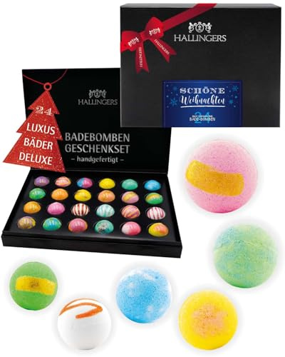 Hallingers Genuss Manufaktur Badebomben Weihnachts-Geschenk-Set - 24x Badekugeln Bath Bombs in edler Geschenkbox, Frauen Badeperlen-Wellness & Spa Schöne Weihnachten, Weihnachten für Frauen Männer