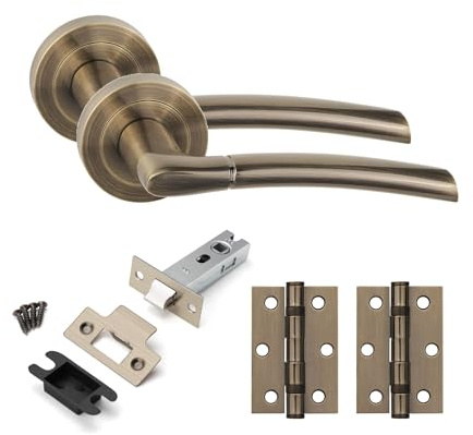 Golden Grace Indiana Door Handles Set, Latch & Hinges, Antique Brass, 1 Set | Rose base mounting pairs with a solid metal grip, supplied with a 63mm tubular mechanism and 45mm spindle backset.