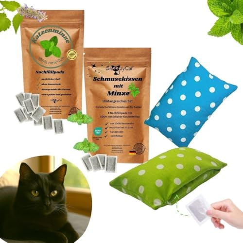 SNOOZYCAT® Set di cuscini con erba gatta – 2 cuscini e 14 cuscinetti di ricarica – giocattoli fatti a mano con erba gatta biologica – Ricaricabili, lavabili e sostenibili – per gatti giocosi
