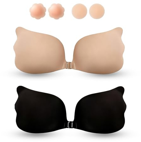 2 Piezas Sujetador Adhesivo & 4 Piezas Pezoneras Adhesivas Invisibles, Cómodo de Llevar, Levanta y Moldea la Figura, Reutilizable, Adecuado para Vestidos sin Espalda y Vestidos de Noche (Copa B)